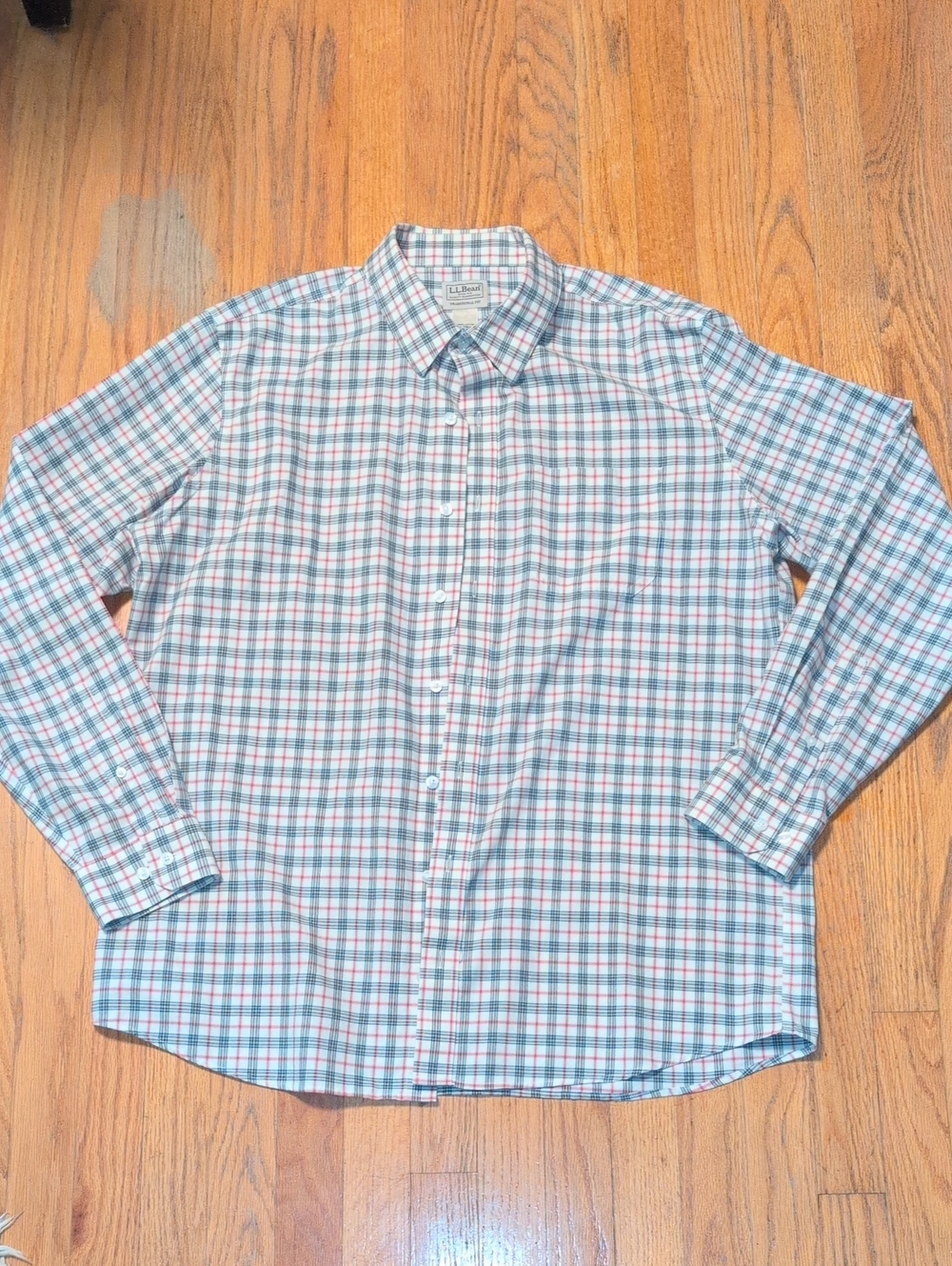 L.L. Bean Men’s Teal, Red & White Plaid Button-Down Shirt